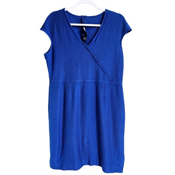 St. John Royal Blue Sheath Dress Size 14 Wool Blend Faux Wrap Cap Sleeves Mature - Picture 1 of 8
